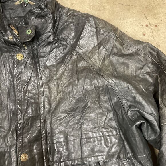 Vintage 90s 1871 Black Genuine Leather Bomber Flight Zip Jacket Mens Large - Picture 9 of 13